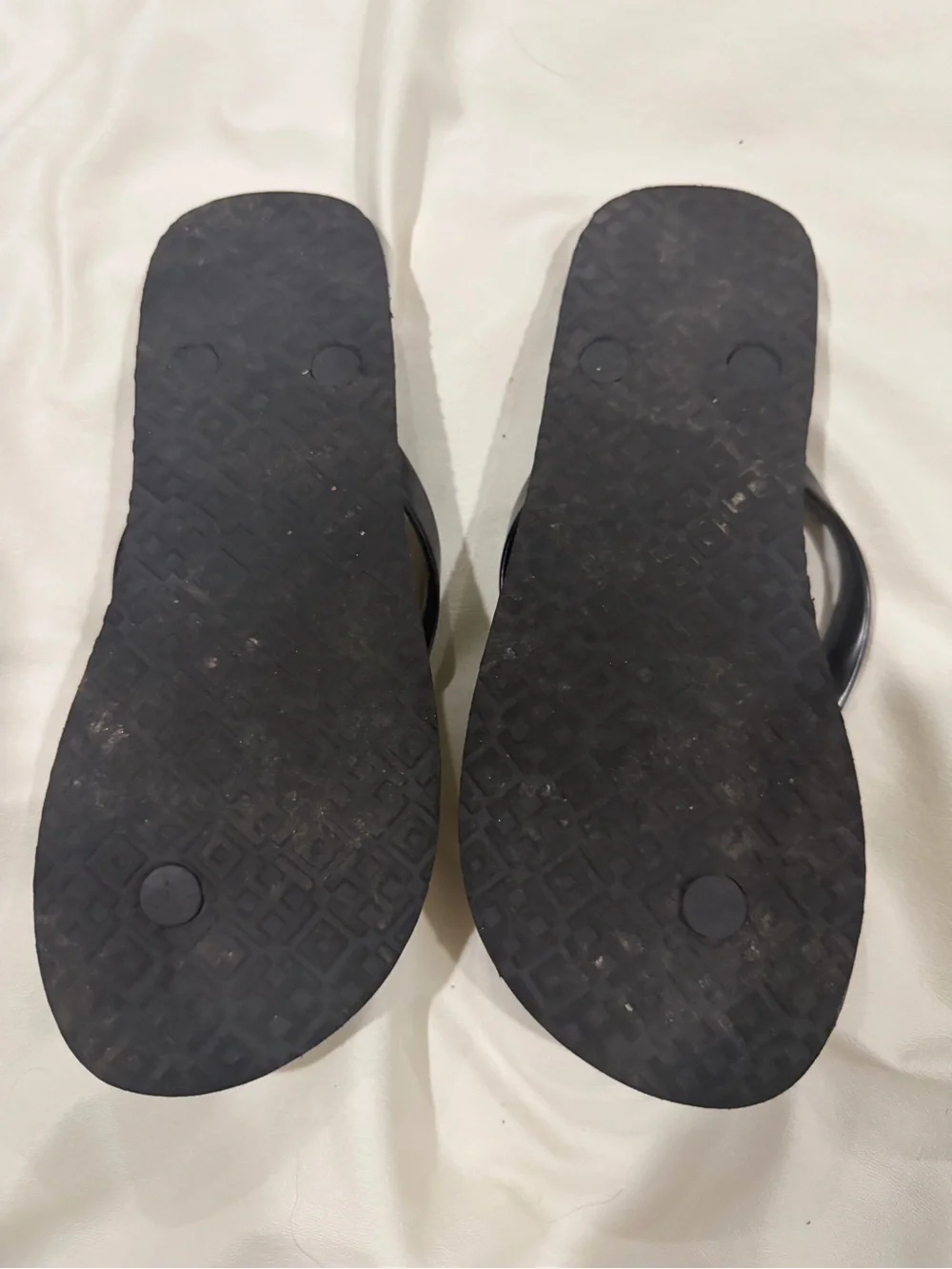 Tory Burch Black Strap Geometric Printed Flip Flops with Gold Medallions